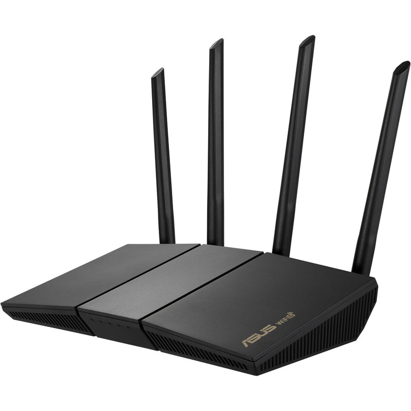 Three-quarter view of ASUS RT-AX57 router emphasizing antenna placement and design