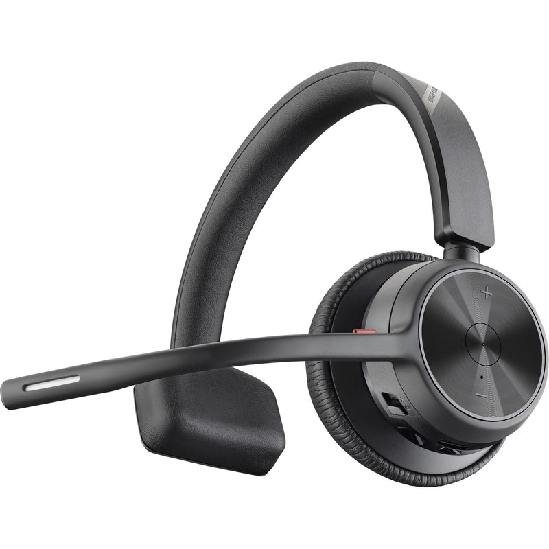 Side view of Poly Voyager 4310 USB-C mono headset showing noise-canceling boom mic and ear cushion