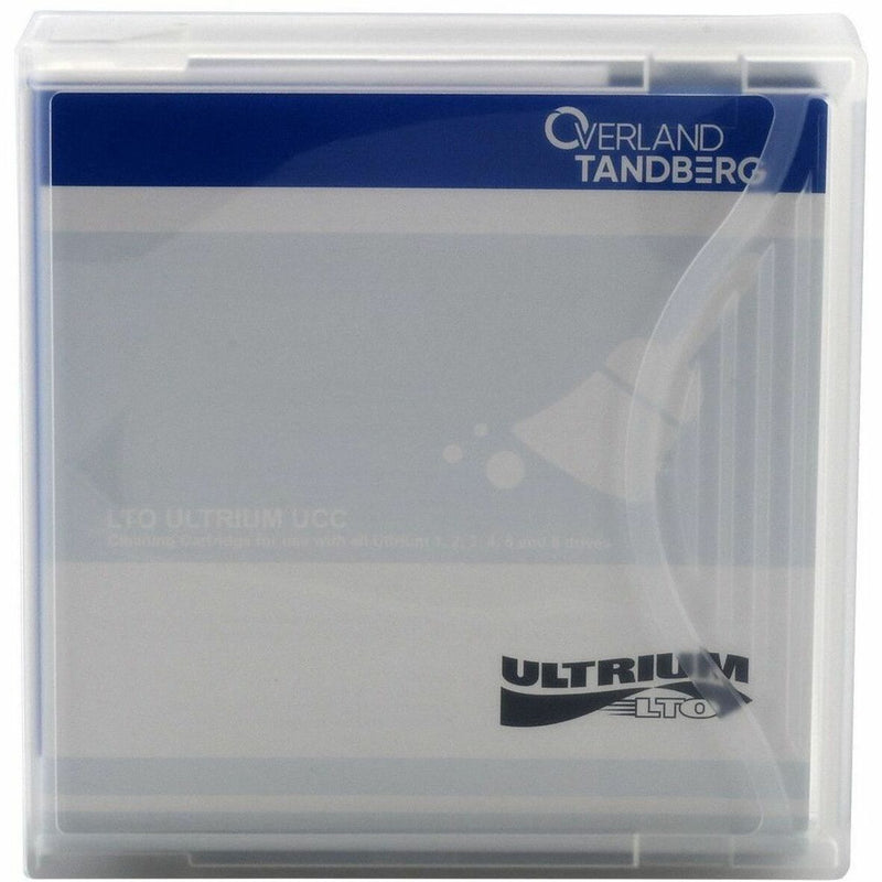 Front view of Overland-Tandberg LTO cleaning cartridge case showing clear protective housing and branding