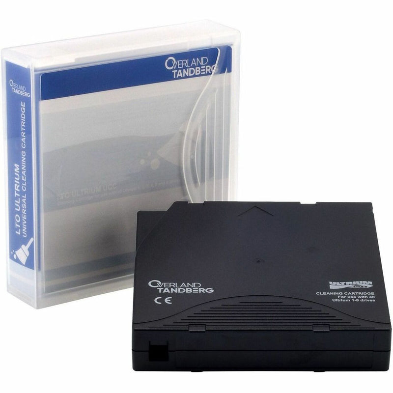 Overland-Tandberg LTO Universal Cleaning Cartridge showing both the protective case and black cleaning tape cartridge