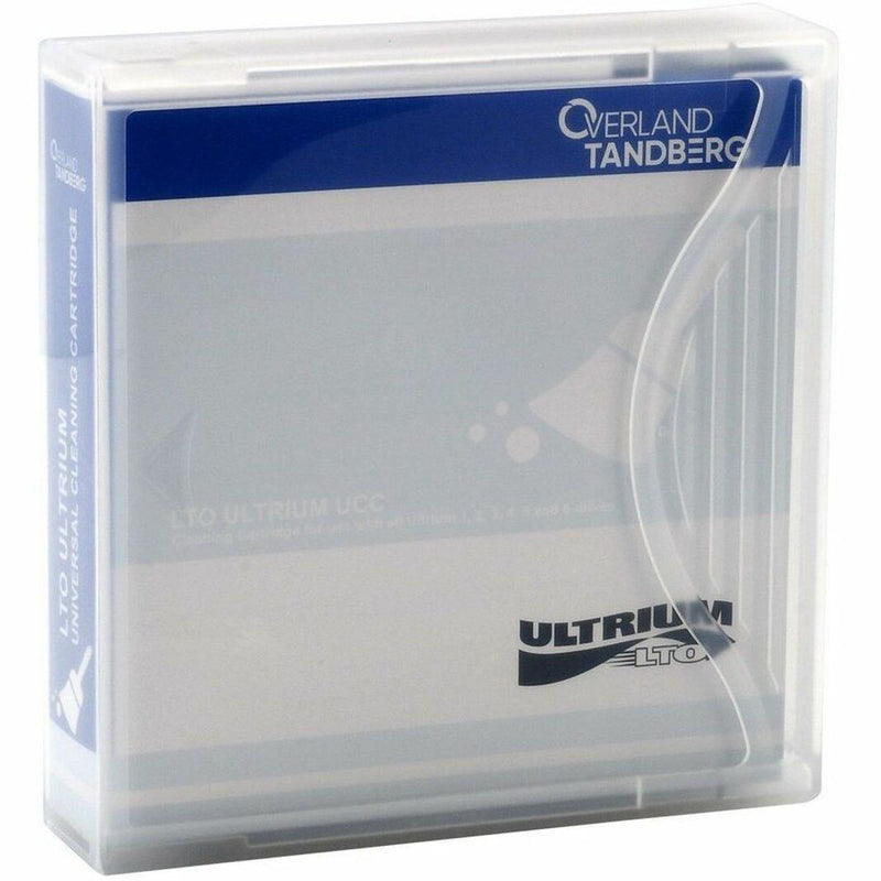 Side angle view of Overland-Tandberg LTO cleaning cartridge showing case design and branding elements