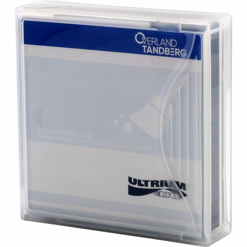 Detailed front view of Overland-Tandberg LTO cleaning cartridge protective case showing construction details