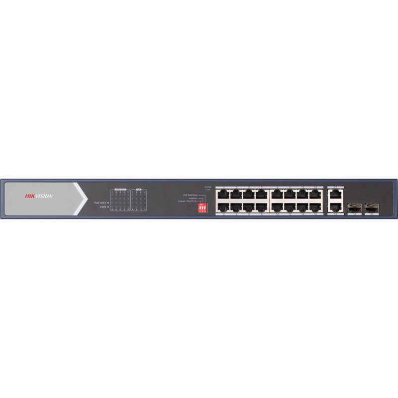 Front view of Hikvision DS-3E0520HP-E 16-port PoE switch showing network ports, LED indicators, and dual SFP slots