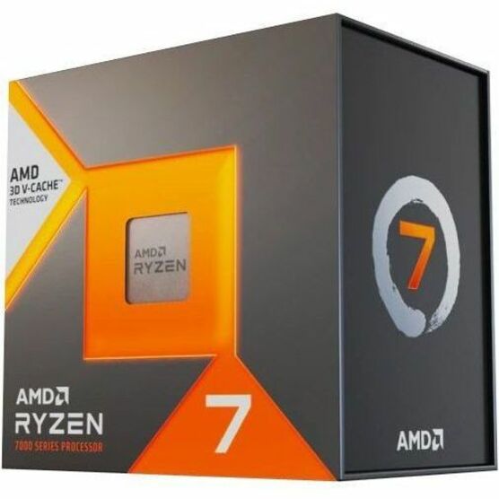 AMD Ryzen 7 7800X3D processor retail box featuring orange and grey design with AMD branding and Ryzen 7 logo