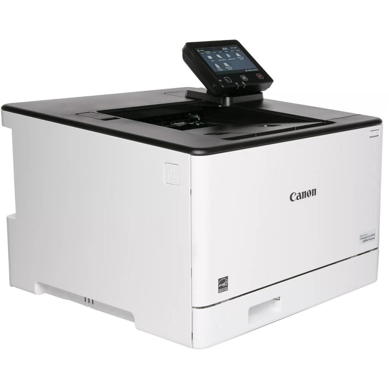 Angled view of Canon LBP674Cdw showing wireless connectivity features and elevated control panel