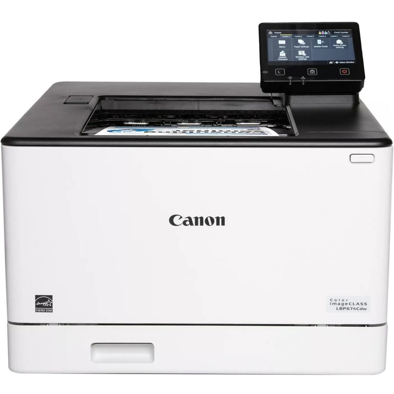 Side angle view of Canon LBP674Cdw printer showing paper tray and control panel