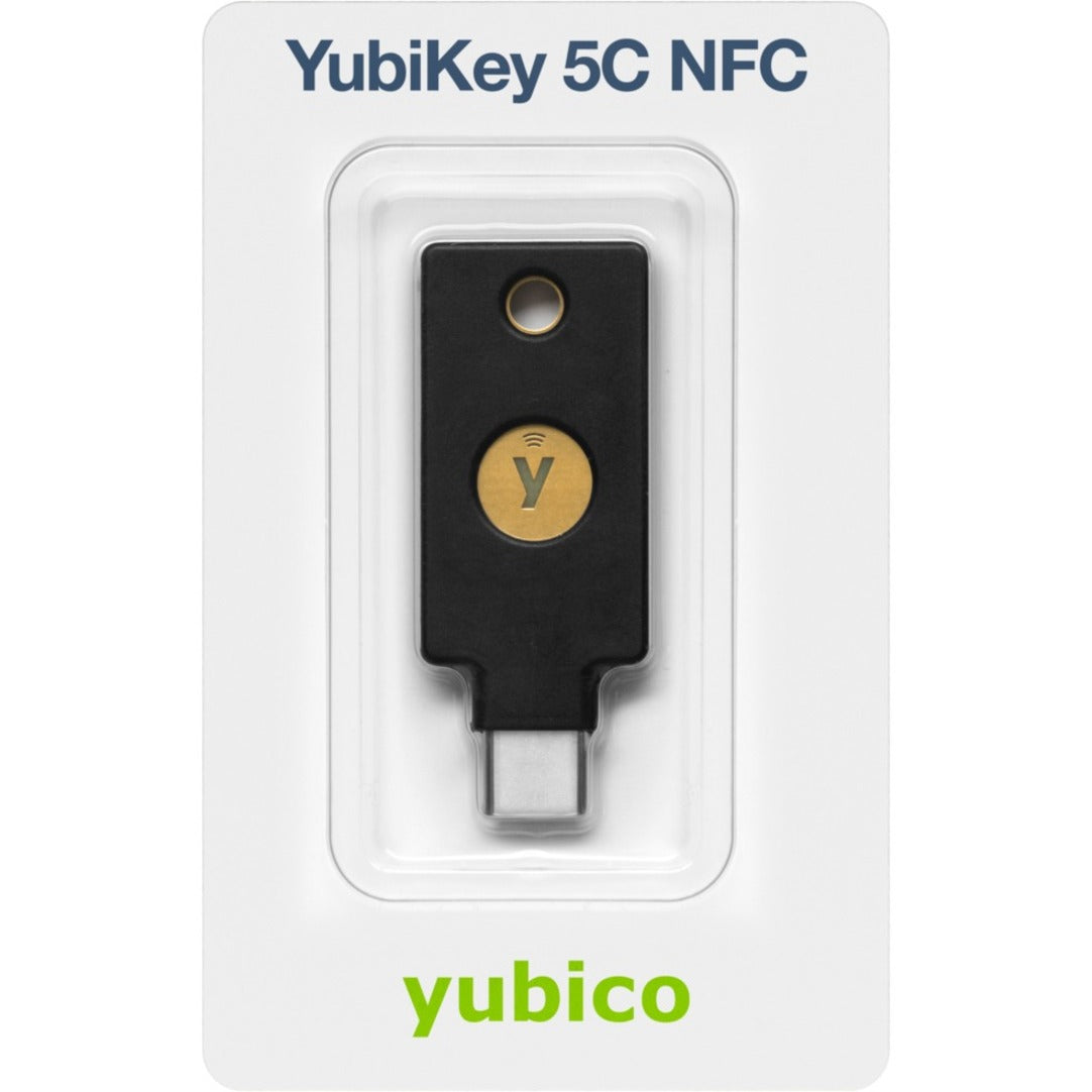 YubiKey 5C NFC security key in retail blister packaging showing black USB-C device with gold Yubico button-alternate-image1