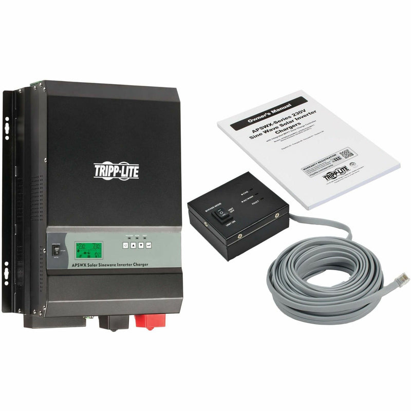 Product package contents showing inverter, remote control, manual and cables