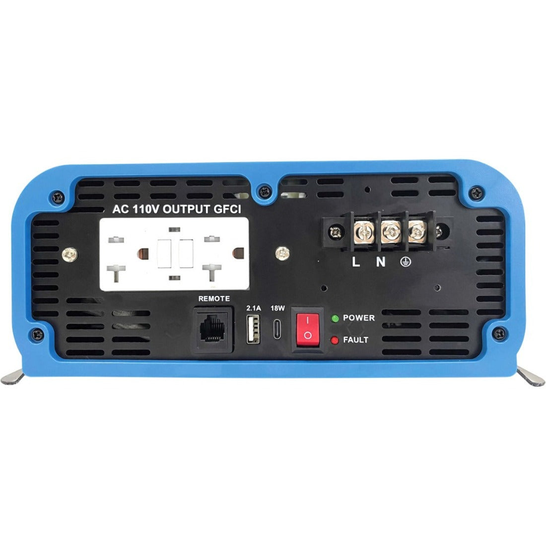 Control panel of PINV1000SW-120 inverter showing AC outlet, USB ports, power switch, and status indicators-alternate-image2