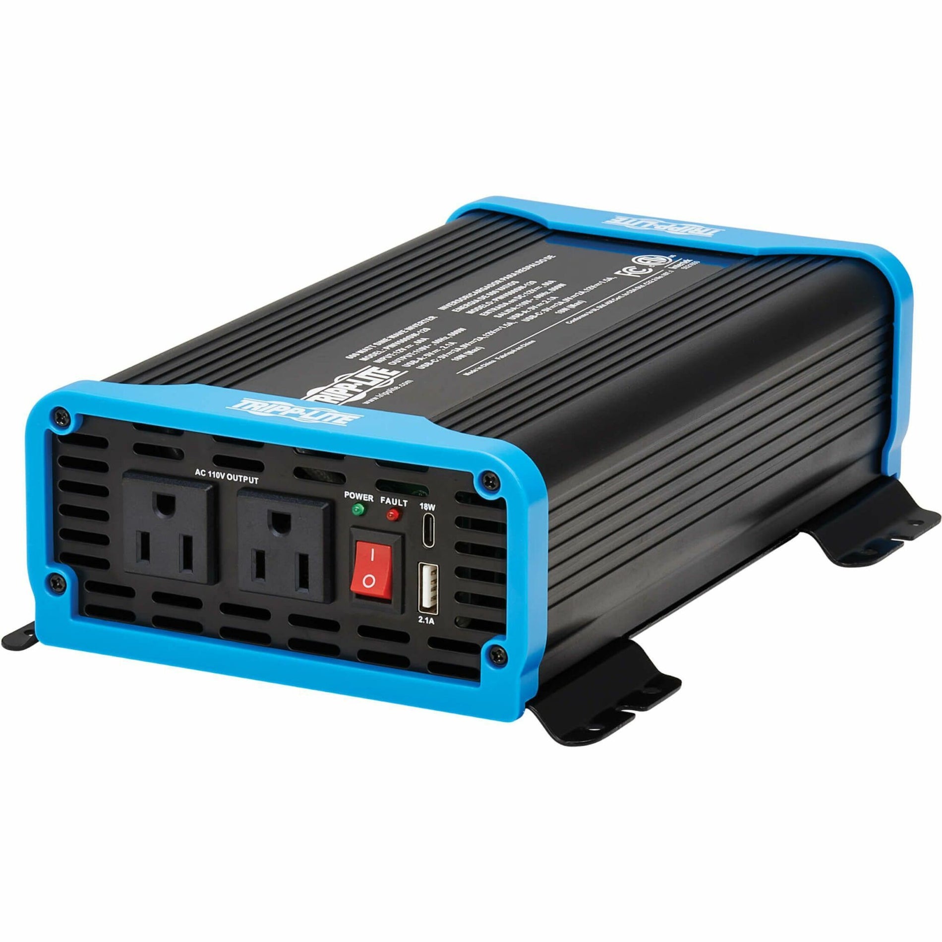 Front view of Tripp Lite PINV600SW-120 power inverter showing dual AC outlets, power switch, and USB ports-alternate-image1