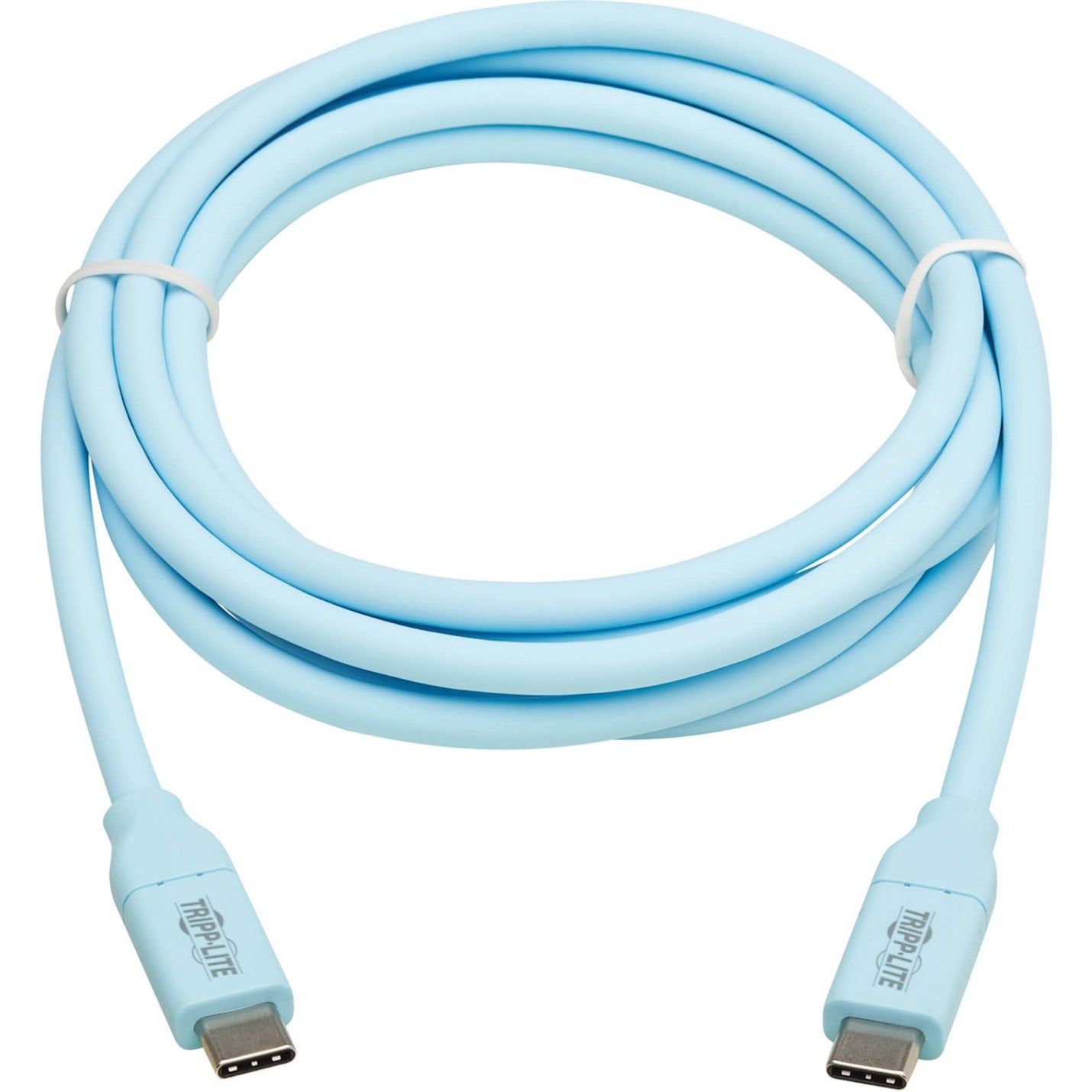 Light blue USB-C to USB-C cable with flexible silicone jacket and white cable ties-alternate-image1