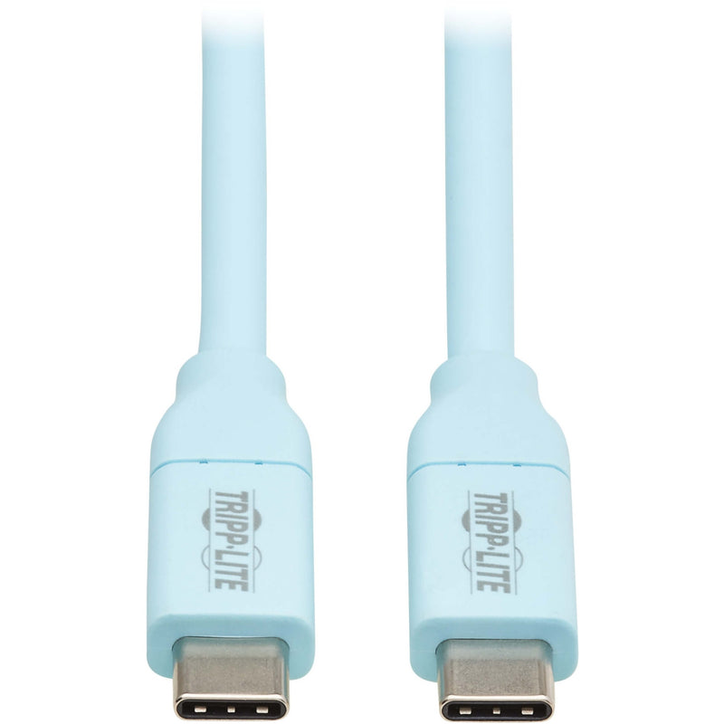 Close-up of light blue USB-C connector ends with Tripp Lite branding