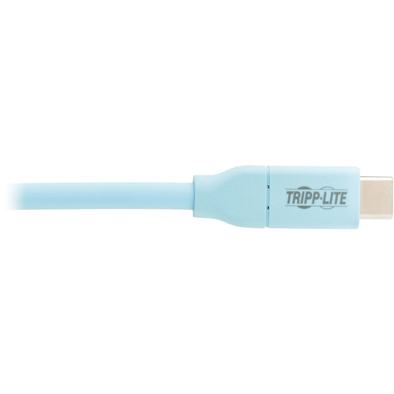 Detail of Tripp Lite branding on light blue USB-C connector