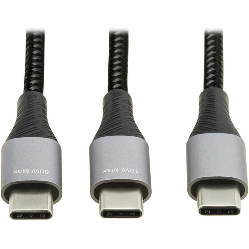 Close-up of three USB-C connectors showing power output markings