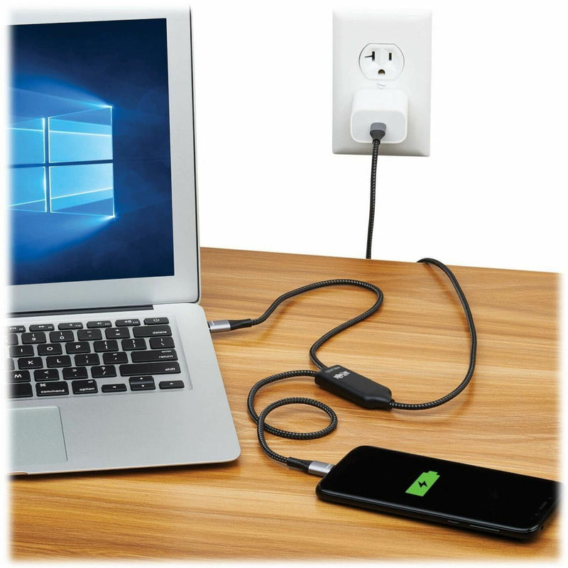 In-use demonstration with laptop and mobile device charging setup