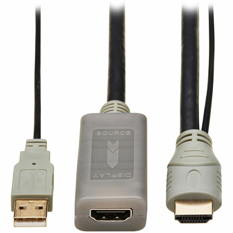 Close-up of HDMI extension cable connectors showing USB and HDMI ports