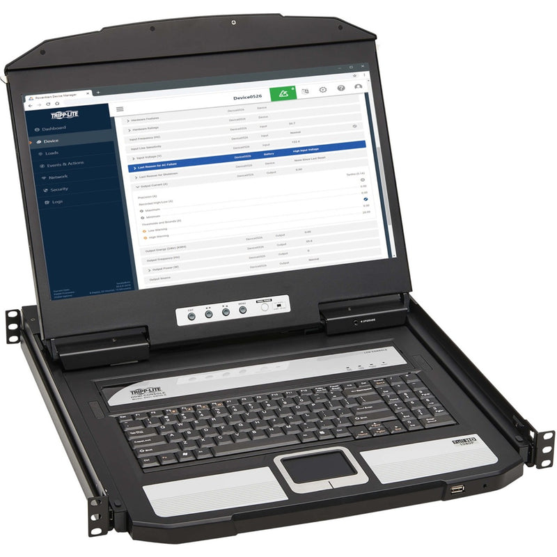 Tripp Lite rack console showing 18.5-inch HD display with system management interface and full keyboard with touchpad