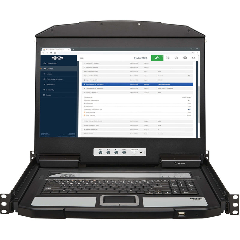 Active display showing Tripp Lite system management interface with keyboard and touchpad