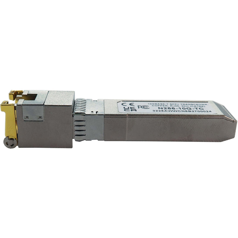 Angled perspective of the N286-10G-TC SFP+ module showing construction details and connector interface