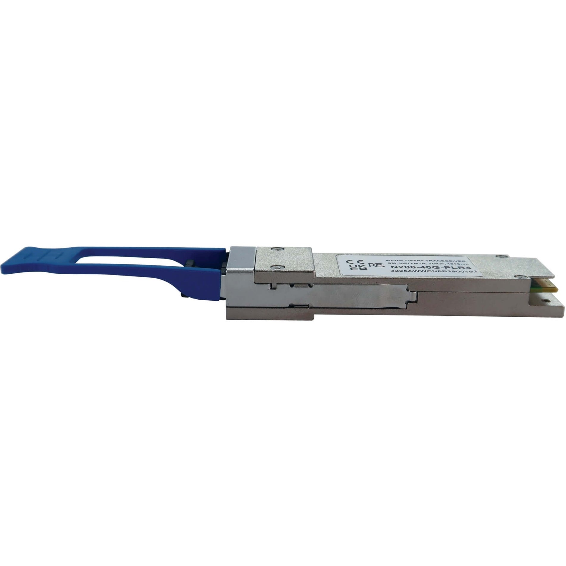 Side view of N286-40G-PLR4 QSFP+ transceiver showing detailed construction and blue release mechanism-alternate-image2