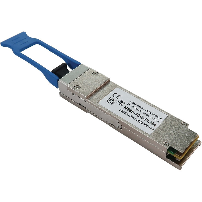 Top view of Tripp Lite N286-40G-PLR4 QSFP+ transceiver module with blue pull tab and silver metal housing