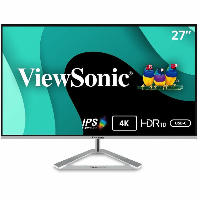 Front view of ViewSonic VX2776-4K-MHDU monitor showing 27-inch display with frameless design and silver stand