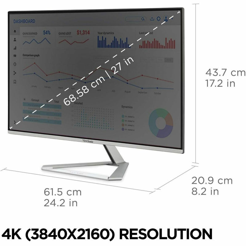 Monitor displaying 4K resolution specifications and dimensions