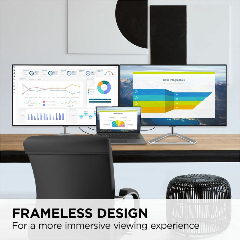 Dual monitor setup showing frameless design and professional workspace