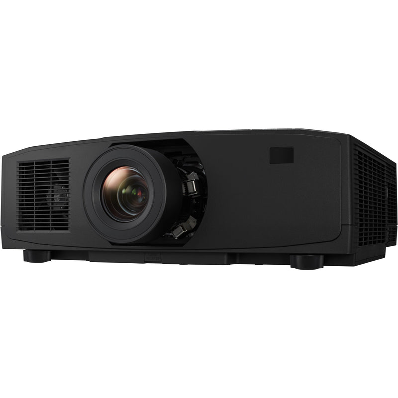 Front angled view of Sharp NEC PV800UL-B1 black professional installation projector showing lens and ventilation system