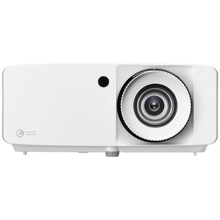 Angled view of Optoma ZH450 projector emphasizing the professional lens system