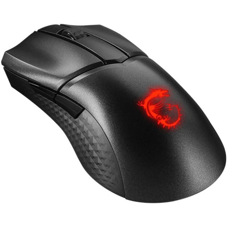 Angled view of MSI Clutch GM31 gaming mouse highlighting ergonomic design and illuminated logo-alternate-image4