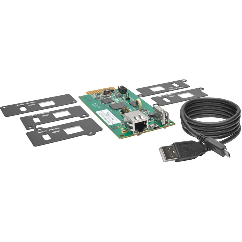 WEBCARDLXE network card shown with included mounting plates, configuration cable, and USB connection cable