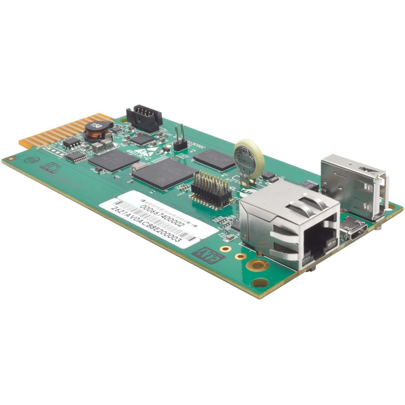 Close-up view of WEBCARDLXE network management card showing Ethernet port, circuit components, and connection interfaces