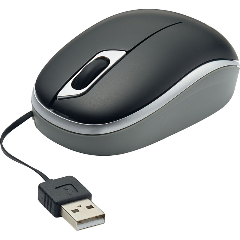 Side view of black Verbatim optical mouse with retractable USB cable showing sleek design