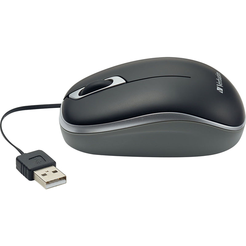 Angled view of Verbatim mouse showing ergonomic profile and silver accents