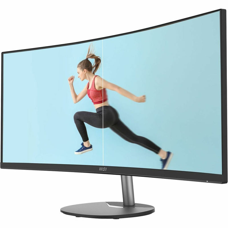 MSI ultrawide monitor displaying a dynamic fitness scene with smooth motion clarity