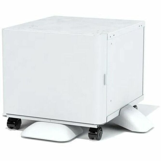 White Xerox printer stand with extended stabilizing feet and wheels shown from front angle