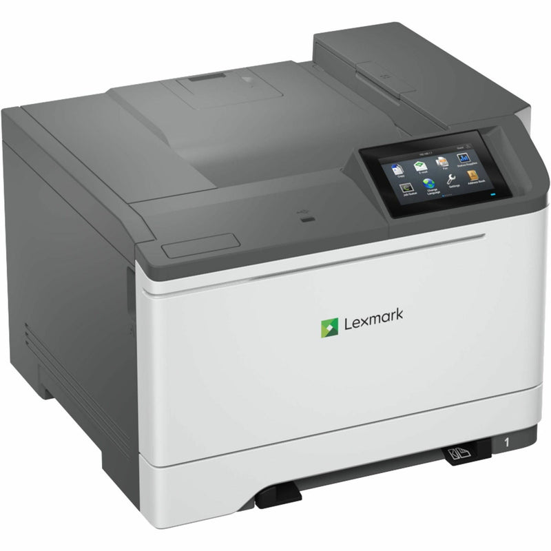 Front angled view of Lexmark CS632dwe color laser printer showing touchscreen interface and output tray