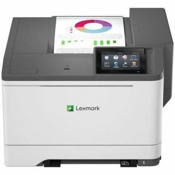 Front view of Lexmark CS632dwe printer showing color document output and touchscreen display