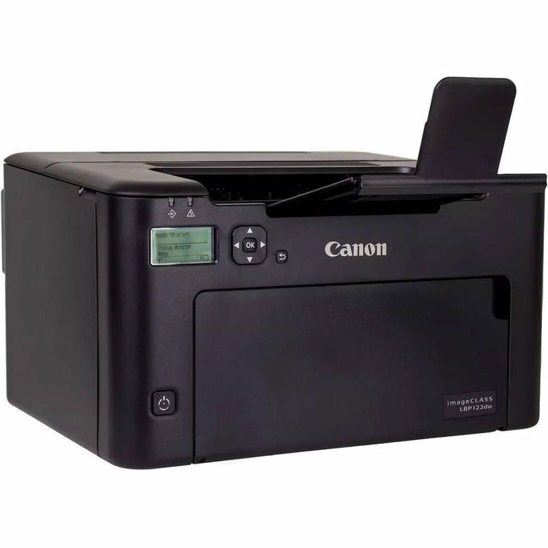 Side angle view of Canon LBP122dw showing control panel and paper tray accessibility