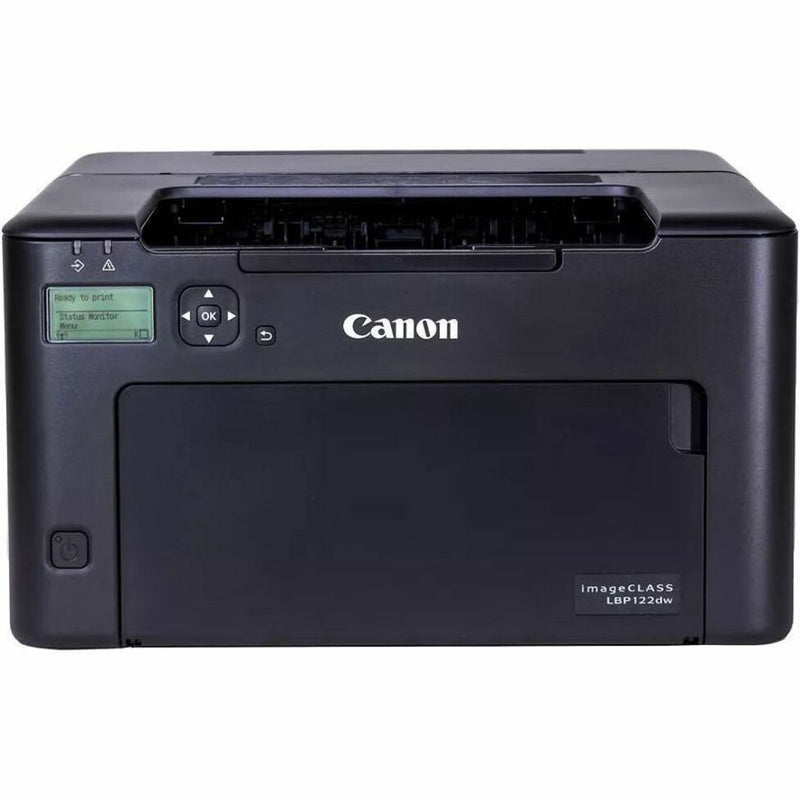 Front view of Canon LBP122dw printer highlighting LCD display and control buttons