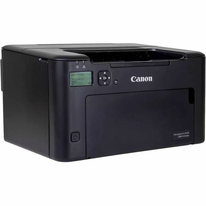 Front angled view of Canon imageCLASS LBP122dw laser printer showing LCD display and control panel