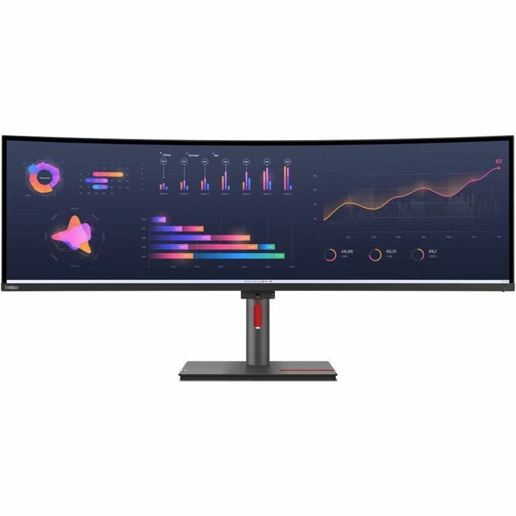 Front view of Lenovo ThinkVision P49w-30 monitor showing performance metrics and analytics interface-alternate-image2