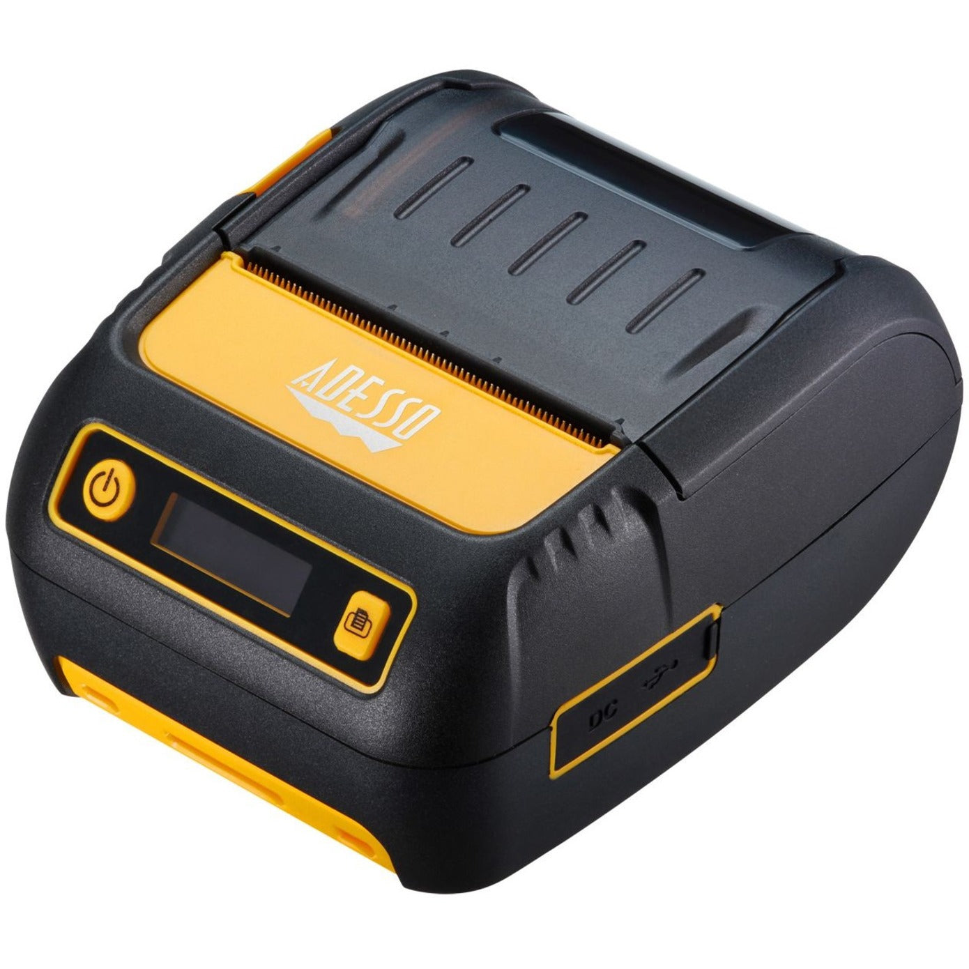 Front view of Adesso NuPrint 220B direct thermal printer in black and yellow design-alternate-image1