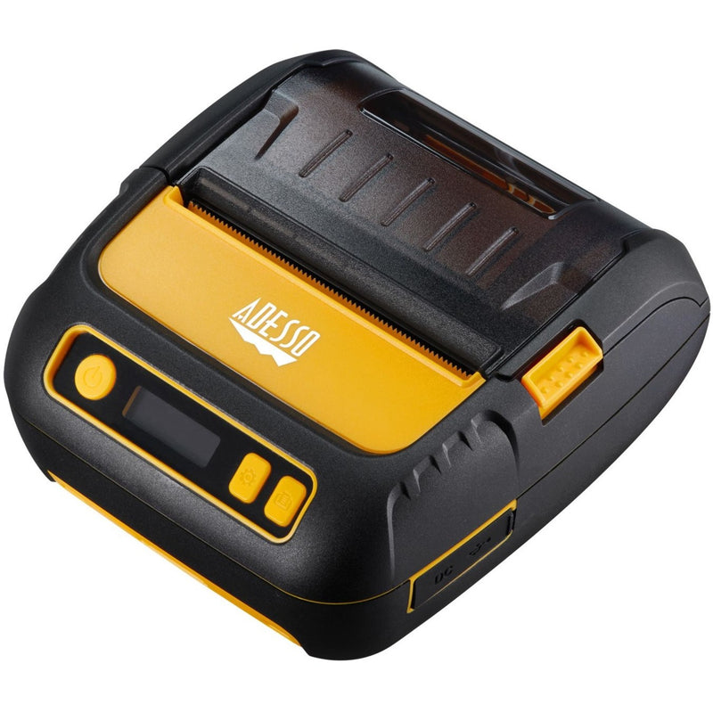 Adesso NuPrint 320B thermal printer in black and yellow showing front view with LCD display