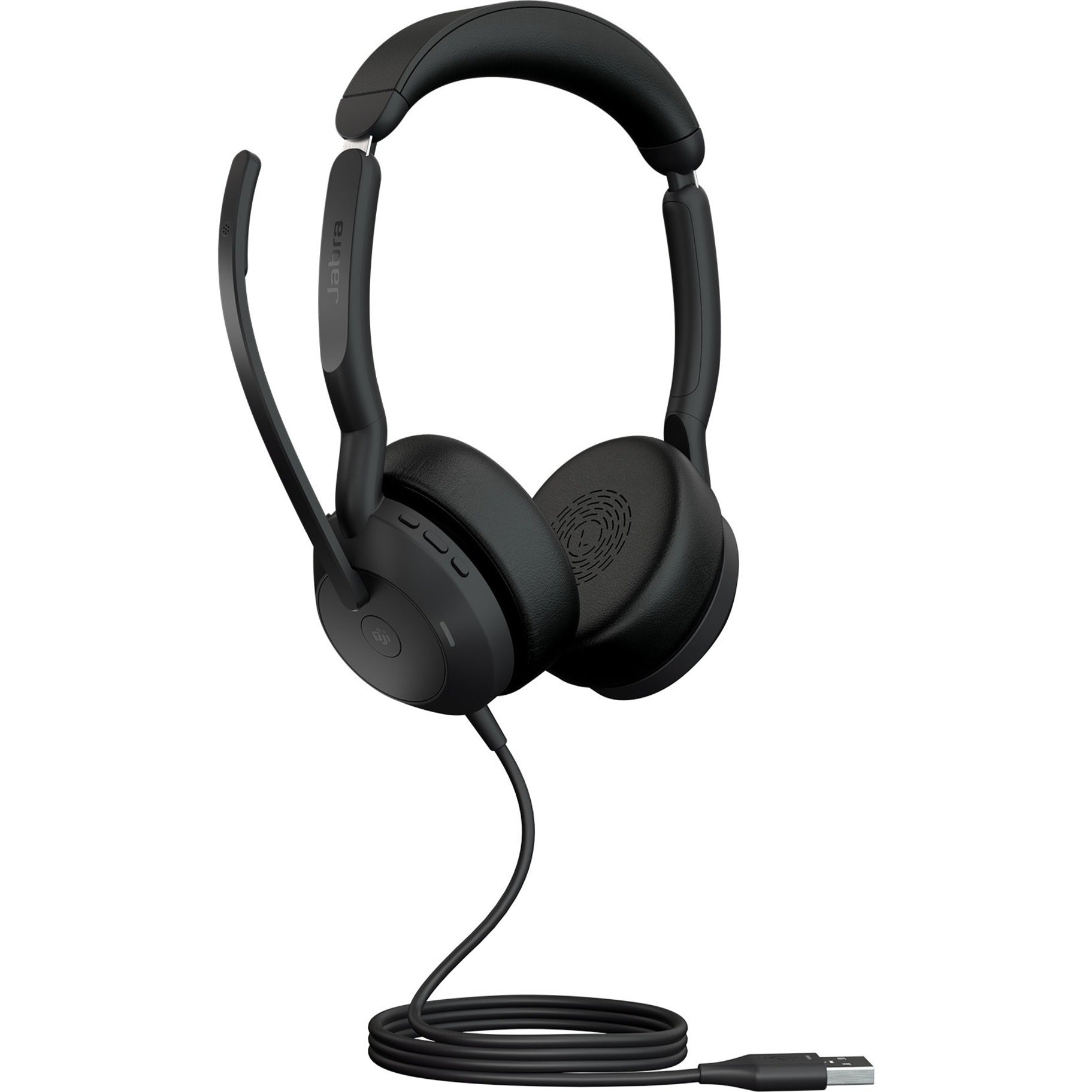 Jabra Evolve2 50 headset with boom microphone and USB connection shown in side profile-alternate-image1