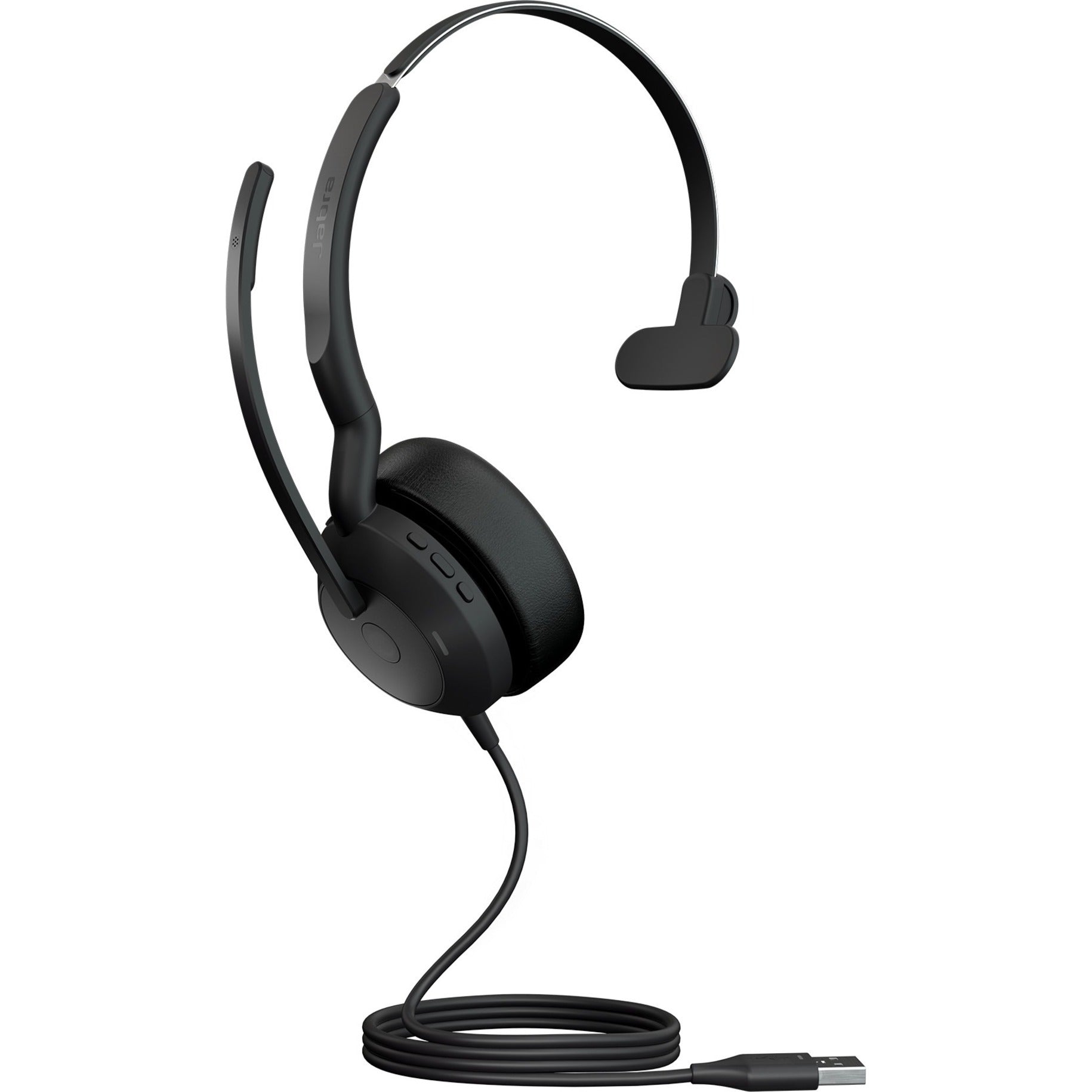 Side view of Jabra Evolve2 50 headset showing boom microphone and USB connection-alternate-image1