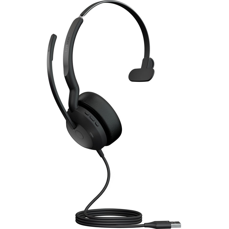 Side view of Jabra Evolve2 50 monaural headset with boom microphone and USB-A cable connection