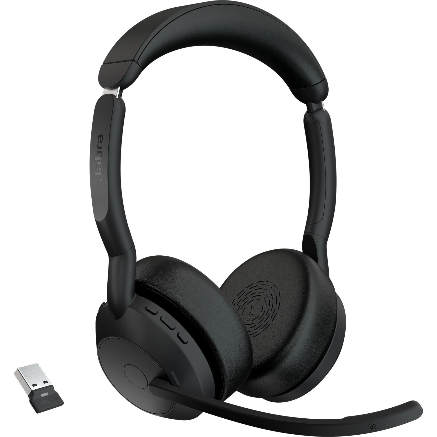 Jabra Evolve2 55 wireless headset in black with boom microphone and USB adapter shown against white background-alternate-image1