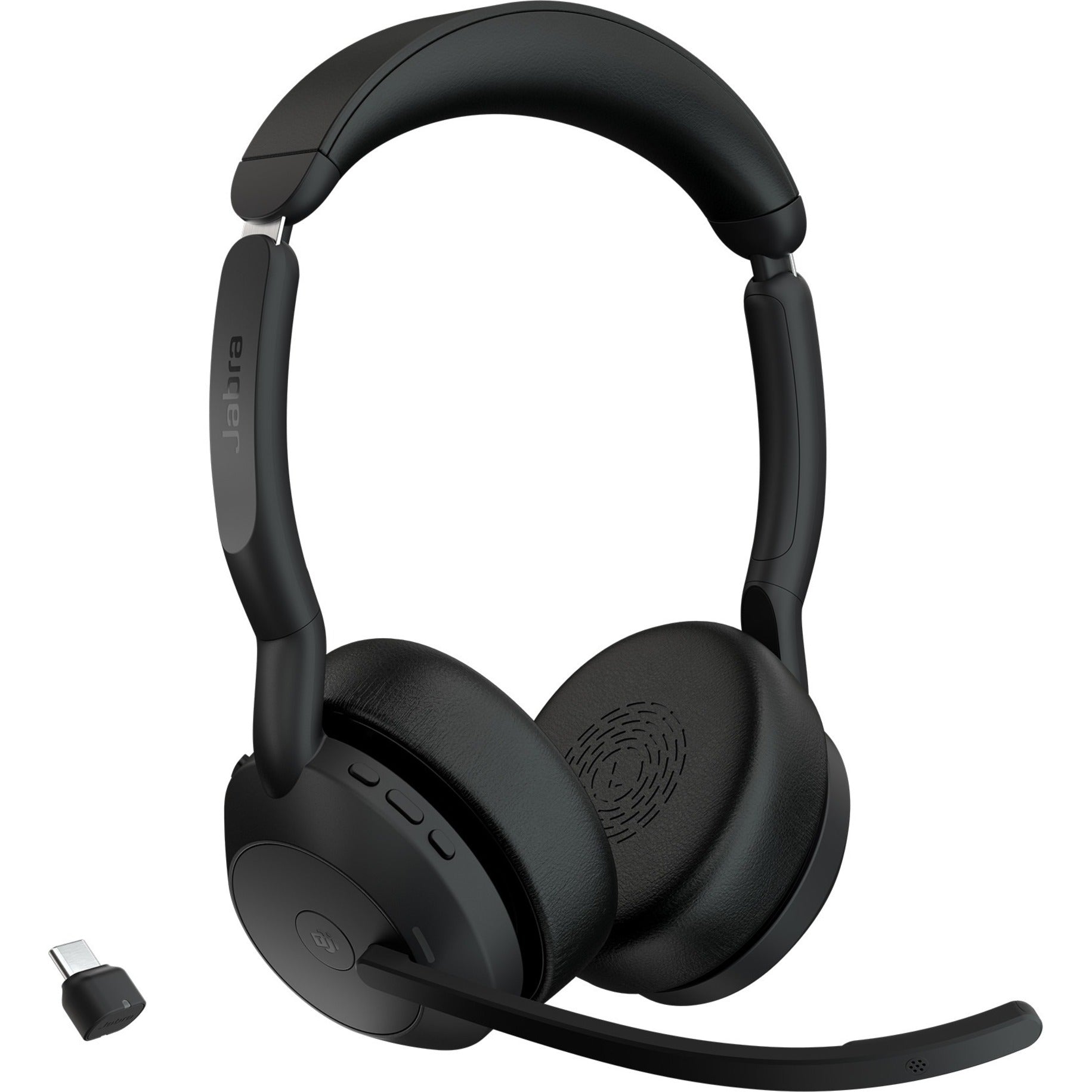 Jabra Evolve2 55 wireless headset with boom microphone and USB adapter shown in black-alternate-image1